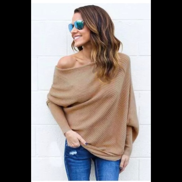 Tops - Oversized Soft khaki Off The Shoulder Batwing Top